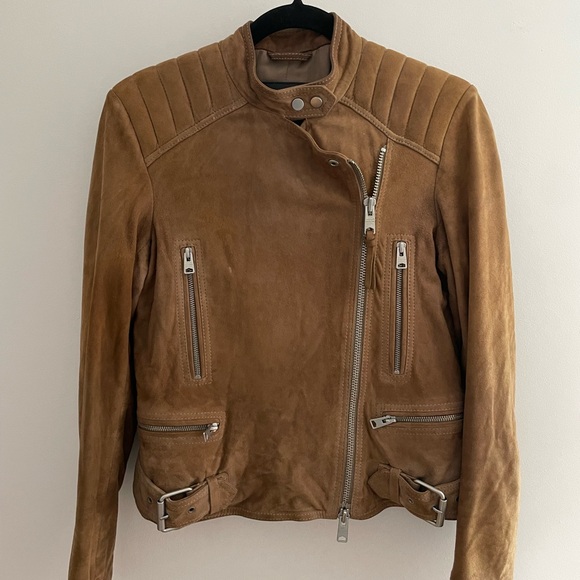 All Saints Kerr Real Suede Biker Jacket Tan Brown Leather Buckle Zips Size 8 - Picture 2 of 5